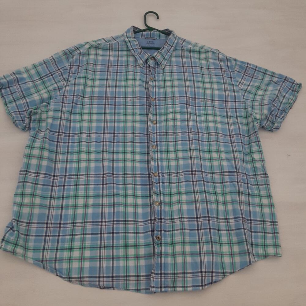 Izod Saltwater Men's 4XL Blue and White Plaid Button-Down Short Sleeve Shirt